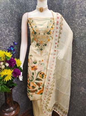 Chanderi Digital Print With Codding Work Unstiched Suit for women