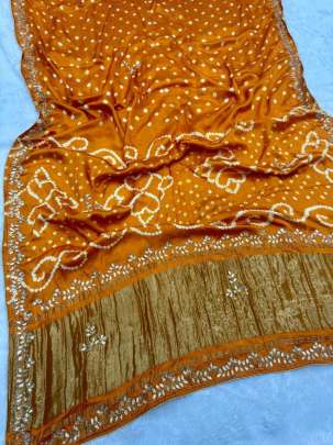 Gaji Silk Original Bandhani With Gota Pati Hand Work Saree