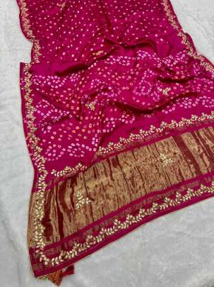 Gaji Silk Original Bandhani With Gota Pati Hand Work Saree Silk saree