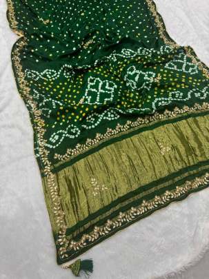 Gaji Silk Original Bandhani With Gota Pati Hand Work Saree Silk saree