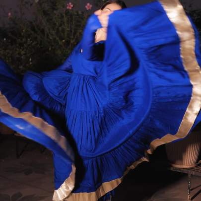 Golden Grace: Full-Step Flair Zari Lace Gown gown