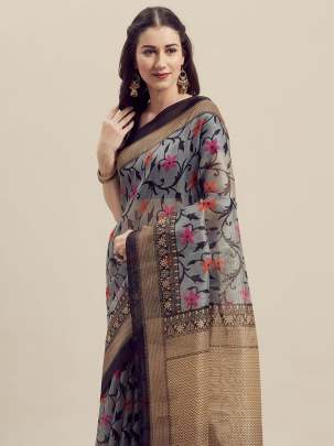 Grey & Gold-Toned Art Silk Printed Saree