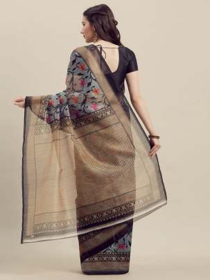 Grey & Gold-Toned Art Silk Printed Saree Organza  saree