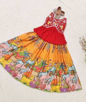 Kalam Kari Printed & Embroidered Work Stitched Lahenga - Blouse Lehenga Choli All