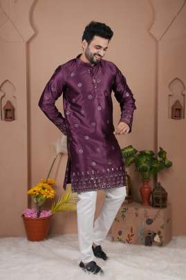  MALAI SILK WITH HEAVY EMBROIDERY SEQUENCE WORK KURTA Mens Kurta With Payjama