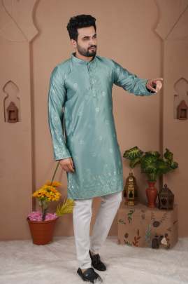  MALAI SILK WITH HEAVY EMBROIDERY SEQUENCE WORK KURTA Mens Kurta With Payjama