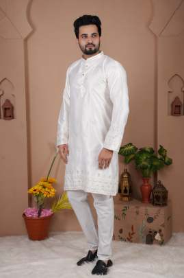  MALAI SILK WITH HEAVY EMBROIDERY SEQUENCE WORK KURTA Mens Kurta With Payjama