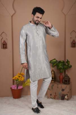  MALAI SILK WITH HEAVY EMBROIDERY SEQUENCE WORK KURTA Mens Kurta With Payjama