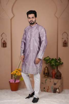  MALAI SILK WITH HEAVY EMBROIDERY SEQUENCE WORK KURTA Mens Kurta With Payjama