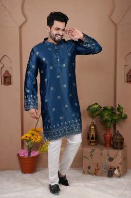  MALAI SILK WITH HEAVY EMBROIDERY SEQUENCE WORK KURTA Mens Kurta With Payjama