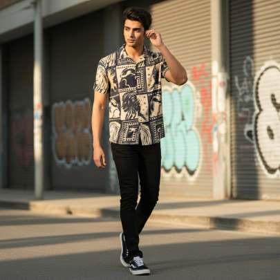 MENS FANCY PRINTED CUBAN COLLAR SHIRT Mens Shirt