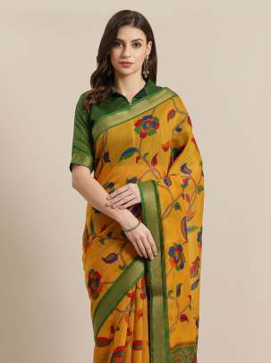 Mustard Yellow & Red Cotton Saree