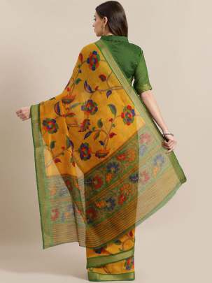 Mustard Yellow & Red Cotton Saree Organza  saree