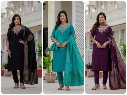 Premium Roman Silk Kurti Pent Dupatta Set