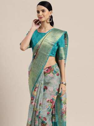 Sea Green & Pink Linen Blend Printed Saree