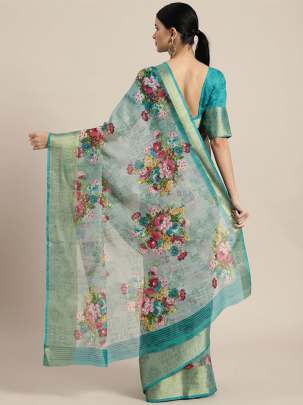 Sea Green & Pink Linen Blend Printed Saree Organza  saree