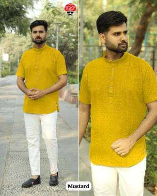  Stylish Short kurta in Chikan Work Fabric Mens Short Kurta