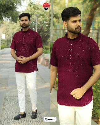  Stylish Short kurta in Chikan Work Fabric Mens Short Kurta
