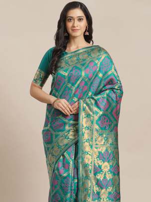 Teal & Golden Zari Woven Design Cotton Saree