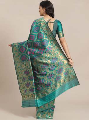 Teal & Golden Zari Woven Design Cotton Saree Organza  saree