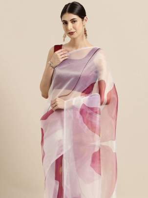 White & Pink Organza Cotton Printed Saree