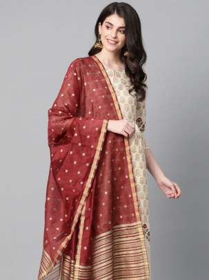 Women Cream-Coloured & Maroon Foil Print Suit