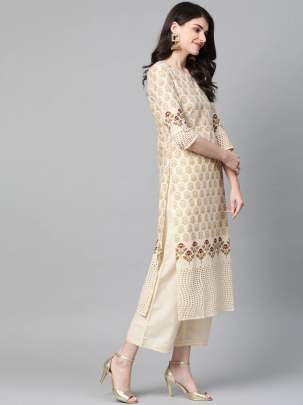 Women Cream-Coloured & Maroon Foil Print Suit designer suits