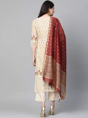 Women Cream-Coloured & Maroon Foil Print Suit designer suits