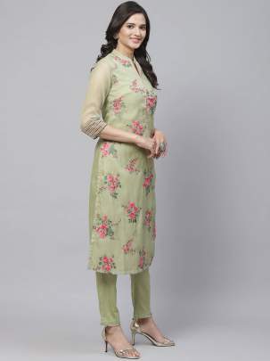 Women Green & Pink Floral Embroidered Suit designer suits